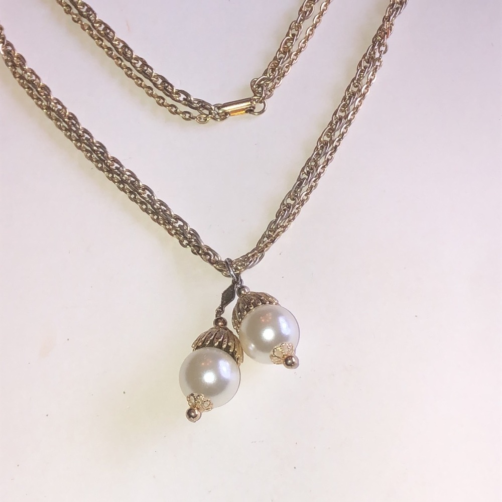 Vintage Gold Tone Double Faux Pearl Drop Necklace
